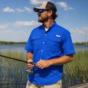 Columbia PFG Bahama Omni-Shade Vented Fishing Shirt Mens XXL Blue Short Sleeve